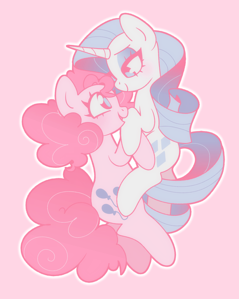 Size: 1200x1500 | Tagged: safe, artist:vivian reed, derpibooru import, pinkie pie, rarity, earth pony, pony, unicorn, g4, cuddling, cute, diapinkes, female, horn, image, lesbian, lidded eyes, looking at each other, looking at someone, mare, open mouth, open smile, pastel, pink background, png, raribetes, ship:raripie, shipping, simple background, smiling, smiling at each other