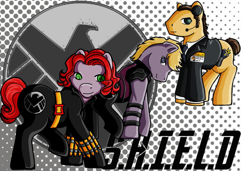 Size: 800x566 | Tagged: dead source, safe, artist:clueless-nu, derpibooru import, ponified, earth pony, pony, black widow (marvel), clothes, costume, female, hawkeye, image, jpeg, male, mare, marvel, marvel cinematic universe, name tag, necktie, phil coulson, s.h.i.e.l.d., smiling, stallion, suit, tail, trio