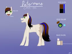 Size: 1032x774 | Tagged: safe, artist:daringtiger, derpibooru import, oc, oc:determone, unofficial characters only, earth pony, pony, brown mane, cream fur, fangs, female, filly, foal, gradient background, green eyes, hair stripe, image, jpeg, markings, reference, reference sheet, side view, signature, smiling, solo, white fur