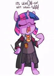 Size: 588x828 | Tagged: safe, artist:zonkpunch, derpibooru import, twilight sparkle, pony, semi-anthro, g4, bipedal, clothes, eyes closed, female, harry potter (series), hermione granger, hoof hold, image, jpeg, magic, magic wand, open mouth, simple background, solo, white background, wingardium leviosa