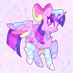 Size: 1600x1600 | Tagged: safe, artist:vivian reed, derpibooru import, twilight sparkle, twilight sparkle (alicorn), alicorn, pony, abstract background, bow, clothes, cute, female, food, frosting, hair bow, image, jpeg, mare, no pupils, smiling, socks, solo, spread wings, standing on two hooves, twiabetes, wings