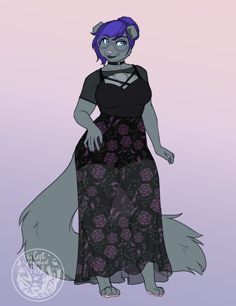 Size: 2550x3300 | Tagged: safe, alternate version, artist:askbubblelee, derpibooru import, oc, oc:melissa pitterpaw, unofficial characters only, abyssinian, anthro, digitigrade anthro, abyssinian oc, anthro oc, breasts, choker, clothes, dress, female, floppy ears, glasses, gradient background, hair bun, image, png, smiling, solo