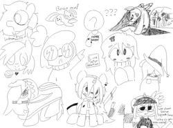 Size: 2040x1510 | Tagged: safe, artist:castafae, derpibooru import, derpy hooves, marble pie, oc, oc:anon, oc:ceiling fan, oc:floor bored, oc:ichi, earth pony, pony, satyr, unicorn, bandaid, bandaid on nose, blushing, butterfly hairpin, clothes, dialogue, female, floppy ears, food, glasses, hair over eyes, hat, horn, image, knife, male, mare, monochrome, muffin, png, ponytail, scimitar, simple background, sketch, sketch dump, stallion, sweater, sword, uniform, weapon, white background, wizard hat