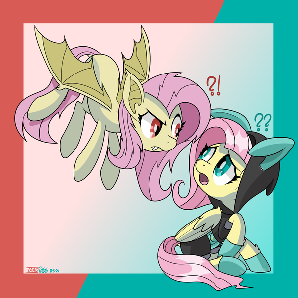 Size: 2500x2500 | Tagged: safe, artist:notadeliciouspotato, derpibooru import, fluttershy, bat pony, pegasus, pony, abstract background, bat ponified, bat wings, clothes, confused, costume, dangerous mission outfit, duo, exclamation point, female, flutterbat, frown, goggles, hoodie, image, interrobang, looking at each other, looking at someone, mare, open mouth, png, question mark, race swap, self paradox, self ponidox, signature, spread wings, wings