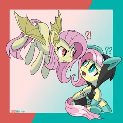 Size: 2500x2500 | Tagged: safe, artist:notadeliciouspotato, derpibooru import, fluttershy, bat pony, pegasus, pony, abstract background, bat ponified, bat wings, clothes, confused, costume, dangerous mission outfit, duo, exclamation point, female, flutterbat, frown, goggles, hoodie, image, interrobang, looking at each other, looking at someone, mare, open mouth, png, question mark, race swap, self paradox, self ponidox, signature, spread wings, wings