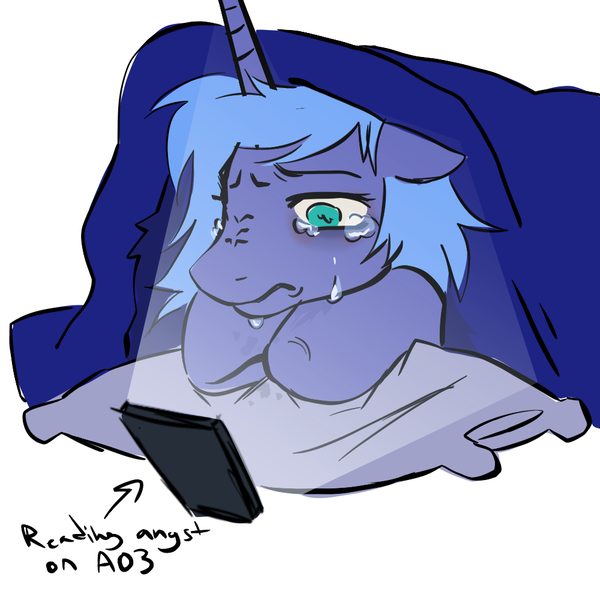 Size: 1000x1000 | Tagged: safe, artist:0liiver, derpibooru import, princess luna, alicorn, pony, blanket, crying, doodle, image, phone, pillow, png, sketch, solo