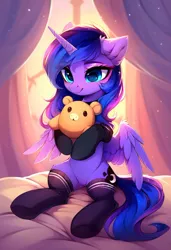 Size: 800x1169 | Tagged: safe, ai content, derpibooru import, machine learning generated, prompter:gregorymars, stable diffusion, princess luna, alicorn, pony, g4, bed, bedroom, clothes, featureless crotch, female, generator:pony diffusion v6 xl, image, jpeg, mare, on bed, plushie, socks, solo, spread wings, teddy bear, wings