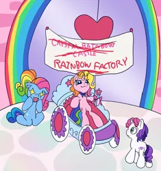 Size: 1892x2014 | Tagged: safe, artist:serasugee, derpibooru import, rainbow dash (g3), rarity (g3), sweetie belle (g3), earth pony, pony, unicorn, fanfic:rainbow factory, g3, background, blue eyes, blue fur, crystal rainbow castle, fanfic art, female, filly, foal, g3.5, green eyes, horn, image, multicolored hair, png, ponytail, purple hair, rainbow hair, simple shading, white fur