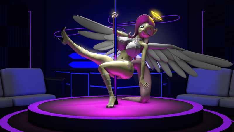 Size: 1280x720 | Tagged: questionable, artist:warhammer50k, derpibooru import, fluttershy, anthro, pegasus, g4, 3d, angel, angelic wings, bar, big breasts, bikini, bikini babe, breasts, busty fluttershy, chair, clothes, dancing, eyeshadow, halo, hand on pole, high heels, image, lights, lipstick, looking at you, makeup, neon, nightclub, offscreen character, one eye closed, panties, png, pole dancing, pose, pov, raised leg, rising celebrity, shiny skin, shoes, smiling, smirk, solo, source filmmaker, spread wings, stripclub, stripper pole, swimsuit, thong, underwear, white lipstick, wings, wink, winking at you