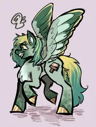 Size: 2004x2672 | Tagged: safe, derpibooru import, oc, unofficial characters only, pegasus, pony, colored hooves, dishevelled, gold hooves, grin, hooves, image, messy mane, nervous, nervous grin, original art, pegasus oc, png, smiling, solo, spread wings, teal coat, teal mane, three toned wings, two toned mane, wings, yellow eyes