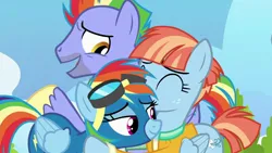 Size: 1280x720 | Tagged: safe, derpibooru import, edit, edited screencap, screencap, bow hothoof, rainbow dash, windy whistles, pegasus, pony, g4, parental glideance, ^^, bowabetes, clothes, cute, daaaaaaaaaaaw, dashabetes, eyes closed, father and child, father and daughter, female, freckles, goggles, heartwarming, hug, image, jacket, jpeg, looking at each other, looking at someone, male, mare, mother and child, mother and daughter, open mouth, open smile, smiling, smiling at each other, stallion, sweet dreams fuel, trio, uniform, wholesome, windybetes, wonderbolts uniform