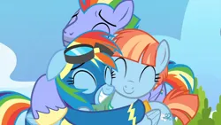 Size: 1280x720 | Tagged: safe, derpibooru import, edit, edited screencap, screencap, bow hothoof, rainbow dash, windy whistles, pegasus, pony, g4, parental glideance, ^^, bowabetes, clothes, cute, daaaaaaaaaaaw, dashabetes, eyes closed, father and child, father and daughter, female, floppy ears, goggles, grin, heartwarming, image, jacket, jpeg, male, mare, mother and child, mother and daughter, smiling, stallion, sweet dreams fuel, trio, uniform, wholesome, windybetes, wonderbolts uniform