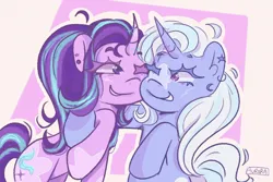 Size: 1800x1200 | Tagged: safe, artist:scisetstarlight, derpibooru import, starlight glimmer, trixie, pony, unicorn, g4, duo, duo female, ear piercing, earring, female, hoof around neck, horn, image, jewelry, lesbian, looking at each other, looking at someone, mare, one eye closed, piercing, png, screentone, shipping, signature, smiling, smiling at each other, startrix