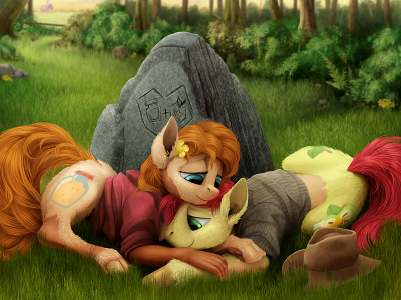 Size: 2000x1500 | Tagged: safe, artist:geoffrey mcdermott, derpibooru import, bright mac, pear butter, earth pony, pony, g4, brightbutter, clothes, duo, duo male and female, ear piercing, earring, female, forest, grass, hand, hat, hooves, human to pony, image, jewelry, lidded eyes, light skin, looking at each other, looking at someone, looking down, lying down, male, mare, mid-transformation, nature, outdoors, piercing, png, prone, rock, shipping, shirt, smiling, smiling at each other, stallion, straight, transformation, tree