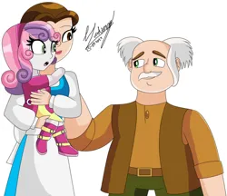 Size: 1280x1104 | Tagged: safe, artist:denisseguadiana, derpibooru import, sweetie belle, equestria girls, adopted, adopted daughter, adopted offspring, beauty and the beast, belle, boots, carrying, clothes, crossover, disney, dress, father and child, father and daughter, female, grandfather and grandchild, hug, image, jacket, jpeg, looking at each other, looking at someone, male, maurice, mother and child, mother and daughter, open mouth, shirt, shoes, smiling, smiling at each other, sweetieadoption, trio