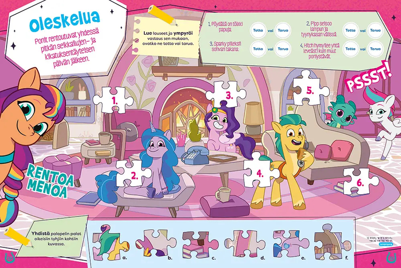 Size: 1000x668 | Tagged: safe, derpibooru import, official, hitch trailblazer, izzy moonbow, pipp petals, sunny starscout, zipp storm, g5, my little pony: tell your tale, activity sheet, crystal brighthouse, egmont, finland, finnish, image, jigsaw puzzle, jpeg, looking at you, lying down, magazine, sitting, smiling, smiling at you, standing