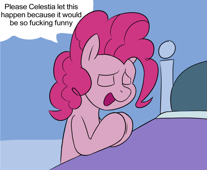 Size: 711x584 | Tagged: safe, derpibooru import, pinkie pie, pony, g4, bed, colored, colored lineart, comic, drawthread, female, flat colors, image, implied princess celestia, mare, meme, one-panel comic, png, ponified meme, praying, requested art, solo, two toned background, vulgar