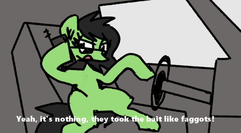 Size: 850x469 | Tagged: safe, derpibooru import, oc, oc:anonfilly, ponified, earth pony, pony, 4chan, bait, car, colored, dialogue, drawthread, faggot, female, filly, flat colors, foal, grand theft auto, image, mobile phone, phone, png, ponified scene, requested art, slur, solo, vulgar