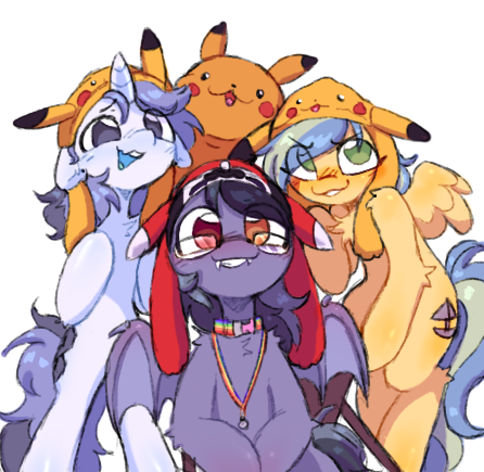 Size: 446x435 | Tagged: oc name needed, safe, artist:flixanoa, derpibooru import, oc, oc:fef, oc:scrimmy, unofficial characters only, bat pony, pegasus, pikachu, pony, unicorn, :3, big eyes, bipedal, blue coat, blue mane, blue mouth, blue tail, blue tongue, blush lines, blushing, collar, colored wings, cute, ear fluff, eye clipping through hair, fangs, floppy ears, glasses, green eyes, hat, heterochromia, hock fluff, horn, image, jewelry, light blue coat, narrowed eyes, necklace, ocbetes, open mouth, open smile, pegasus oc, plushie, png, pokémon, purple coat, purple eyes, raised hoof, raised hooves, shoulder fluff, simple background, small horn, small wings, smiling, spread wings, tail, thin, transparent background, trio, two toned mane, two toned tail, two toned wings, unicorn oc, wavy mouth, wings, yellow coat