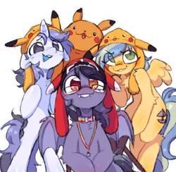 Size: 446x435 | Tagged: oc name needed, safe, artist:flixanoa, derpibooru import, oc, oc:fef, oc:scrimmy, unofficial characters only, bat pony, pegasus, pikachu, pony, unicorn, :3, big eyes, bipedal, blue coat, blue mane, blue mouth, blue tail, blue tongue, blush lines, blushing, collar, colored wings, cute, ear fluff, eye clipping through hair, fangs, floppy ears, glasses, green eyes, hat, heterochromia, hock fluff, horn, image, jewelry, light blue coat, narrowed eyes, necklace, ocbetes, open mouth, open smile, pegasus oc, plushie, png, pokémon, purple coat, purple eyes, raised hoof, raised hooves, shoulder fluff, simple background, small horn, small wings, smiling, spread wings, tail, thin, transparent background, trio, two toned mane, two toned tail, two toned wings, unicorn oc, wavy mouth, wings, yellow coat