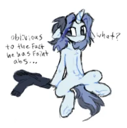 Size: 1111x1121 | Tagged: safe, artist:flixanoa, derpibooru import, oc, oc:fef, unofficial characters only, pony, unicorn, abs, big eyes, black hoodie, blue coat, blush lines, blushing, clothes, dialogue, eye clipping through hair, featureless crotch, floppy ears, gray eyes, hoodie, horn, image, jpeg, light blue coat, looking back, male, male oc, simple background, sitting, slender, solo, spread legs, spreading, stallion oc, sweat, tail, talking, text, thin, two toned mane, two toned tail, unicorn oc, white background