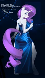 Size: 2424x4180 | Tagged: safe, artist:kirasunnight, derpibooru import, rarity, anthro, unguligrade anthro, unicorn, big breasts, blue dress, blue eyes, breasts, busty rarity, clothes, dress, eyeshadow, female, full body, heart, hooves, horn, huge breasts, image, implied shipping, implied sparity, implied spike, implied straight, makeup, png, purple mane, solo, tail, text