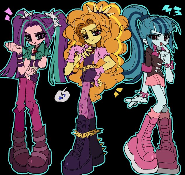 Size: 2218x2100 | Tagged: safe, artist:jwnn_, derpibooru import, adagio dazzle, aria blaze, sonata dusk, equestria girls, g4, arm band, belt, big eyes, black background, blue hair, blue skin, bolero jacket, boots, choker, clothes, colored sclera, curly hair, denim, denim skirt, disguise, disguised siren, emanata, eye clipping through hair, eyebrows, eyelashes, eyeshadow, female, fingerless gloves, gloves, gold eyeshadow, gold hair, gray sclera, hair tie, hand on chest, hand on hip, hand on mouth, high heel boots, image, jacket, jeans, jewelry, jpeg, jumpsuit, kneesocks, long arms, long hair, long legs, long socks, makeup, miniskirt, music notes, open mouth, open smile, outline, pants, pendant, pigtails, pink skin, pink skirt, pink socks, ponytail, popped collar, purple eyes, purple eyeshadow, raised arm, raised eyebrow, red eyes, shiny hair, shoes, simple background, skinny jeans, skirt, slender, smiling, socks, speech bubble, spiked belt, spiked choker, spiked headband, standing, straight hair, the dazzlings, thick eyelashes, thin, tied hair, torn clothes, trio, trio female, two toned hair, vest, wall of tags, yellow skin