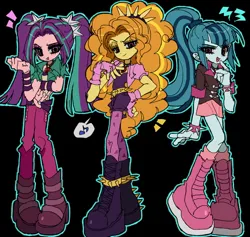 Size: 2218x2100 | Tagged: safe, artist:jwnn_, derpibooru import, adagio dazzle, aria blaze, sonata dusk, equestria girls, g4, arm band, belt, big eyes, black background, blue hair, blue skin, bolero jacket, boots, choker, clothes, colored sclera, curly hair, denim, denim skirt, disguise, disguised siren, emanata, eye clipping through hair, eyebrows, eyelashes, eyeshadow, female, fingerless gloves, gloves, gold eyeshadow, gold hair, gray sclera, hair tie, hand on chest, hand on hip, hand on mouth, high heel boots, image, jacket, jeans, jewelry, jpeg, jumpsuit, kneesocks, long arms, long hair, long legs, long socks, makeup, miniskirt, music notes, open mouth, open smile, outline, pants, pendant, pigtails, pink skin, pink skirt, pink socks, ponytail, popped collar, purple eyes, purple eyeshadow, raised arm, raised eyebrow, red eyes, shiny hair, shoes, simple background, skinny jeans, skirt, slender, smiling, socks, speech bubble, spiked belt, spiked choker, spiked headband, standing, straight hair, the dazzlings, thick eyelashes, thin, tied hair, torn clothes, trio, trio female, two toned hair, vest, wall of tags, yellow skin