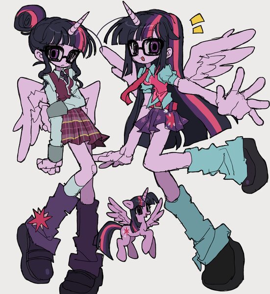 Size: 1810x1970 | Tagged: safe, artist:jwnn_, derpibooru import, sci-twi, twilight sparkle, twilight sparkle (alicorn), alicorn, pony, equestria girls, g4, bangs, belt, big eyes, clothes, colored sclera, crystal prep academy uniform, cute, cutie mark, cutie mark on clothes, emanata, eye clipping through hair, eyelashes, female, flying, frown, glasses, gray background, gray sclera, hair bun, holding arms, horn, image, jpeg, kneesocks, leg warmers, lighter coat, long arms, long legs, long sleeves, long socks, mary janes, meganekko, miniskirt, necktie, open mouth, open smile, partially open wings, plaid skirt, pleated skirt, ponied up, puffy sleeves, purple eyes, purple skin, reaching towards you, school uniform, self paradox, self ponidox, shiny hair, shoes, simple background, skirt, slender, smiling, socks, spread wings, straight hair, straight mane, straight tail, thin, three toned hair, three toned mane, three toned tail, tied hair, trio, trio female, twiabetes, unicorn horn, uniform, vest, wings