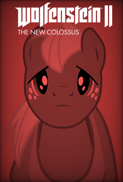 Size: 1575x2331 | Tagged: safe, anonymous artist, artist:edy_january, derpibooru import, edit, big macintosh, earth pony, pony, g4, blazkowich, gradient background, image, male, parody, png, poster, poster parody, protagonist, red background, reference, simple background, solo, stallion, vector used, william b.j blazkowich, wolfenstein, wolfenstein 2 the new colossus