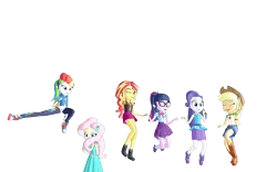 Size: 1920x1200 | Tagged: safe, artist:puzzlshield2, derpibooru import, applejack, fluttershy, rainbow dash, rarity, sci-twi, sunset shimmer, twilight sparkle, do it for the ponygram!, equestria girls, equestria girls series, g4, spoiler:eqg series (season 2), 3d, 3d render, freeze frame, image, jumping, mmd, my little pony equestria girls: better together, outline, png, ponygram, recreation, shy, simple background, transparent background