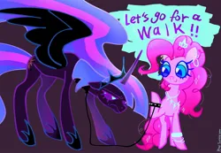 Size: 2048x1421 | Tagged: safe, artist:petaltwinkle, derpibooru import, pinkie pie, twilight sparkle, twilight sparkle (alicorn), alicorn, earth pony, pony, g4, alternate accessories, big eyes, black wings, blue eyelashes, blue pupils, blue sclera, collar, colored eyelashes, colored pupils, colored sclera, colored wings, crown, curly mane, curly tail, dark coat, dialogue, duo, duo female, ear piercing, earring, ethereal mane, ethereal tail, female, floating crown, flowing mane, flowing tail, frown, glow, glowing mane, glowing tail, gradient mane, gradient tail, height difference, hoof shoes, hooped earrings, horn, image, jewelry, jpeg, leash, lesbian, long horn, long mane, looking at someone, looking away, mare, necklace, nightmare twilight, nightmarified, piercing, pink coat, pink mane, pink tail, pouting, princess shoes, purple background, purple coat, purple eyelashes, purple eyes, raised hoof, regalia, shiny eyes, shipping, simple background, sparkly eyes, sparkly mane, sparkly tail, speech bubble, spread wings, standing, standing on three hooves, tail, talking, text, three toned mane, three toned tail, twinkie, wall of tags, wingding eyes, wings