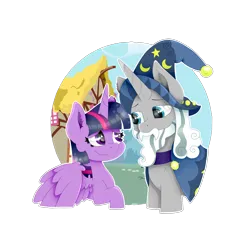 Size: 2000x2000 | Tagged: safe, artist:kathepart, derpibooru import, star swirl, star swirl the bearded, twilight sparkle, twilight sparkle (alicorn), alicorn, unicorn, duo, duo male and female, female, horn, image, looking at each other, looking at someone, male, png, ponyville, simple background, transparent background