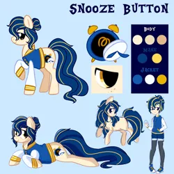 Size: 3000x3000 | Tagged: safe, artist:fannytastical, derpibooru import, oc, oc:snooze button, unofficial characters only, pony, equestria girls, g4, alarm clock, broken clock, clock, clothes, colored, eyebrows, eyebrows visible through hair, female, freckles, image, jacket, lying down, mare, png, prone, raised hoof, reference sheet, standing, striped mane, striped tail, tail, tired