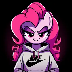 Size: 1024x1024 | Tagged: safe, ai content, derpibooru import, machine learning generated, prompter:tom artista, pinkie pie, g4, black background, clothes, evil grin, evil pinkie pie, grin, hoodie, image, jpeg, looking at you, nike, simple background, smiling, sweater