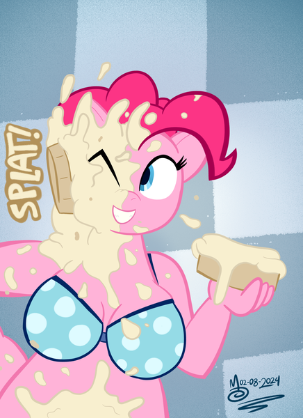 Size: 5096x7019 | Tagged: suggestive, artist:sebaku, derpibooru import, pinkie pie, anthro, earth pony, bikini, breasts, chubby, clothes, image, messy, onomatopoeia, pie in the face, pied, png, polka dots, solo, swimsuit, wet and messy