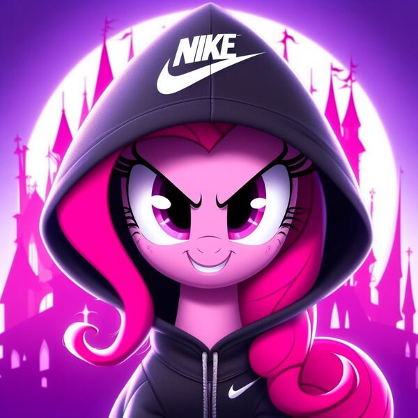 Size: 1024x1024 | Tagged: safe, ai content, derpibooru import, machine learning generated, prompter:tom artista, pinkie pie, earth pony, castle, clothes, evil grin, evil pinkie pie, grin, hoodie, image, jpeg, looking at you, moon, nike, smiling, sweater