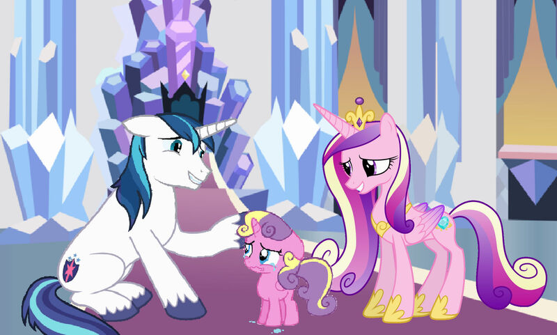 Size: 1600x961 | Tagged: safe, artist:wesleyabram, derpibooru import, princess cadance, princess skyla, shining armor, alicorn, pony, unicorn, comforting, crown, crying, crystal empire, family, father and child, father and daughter, female, filly, floppy ears, foal, grin, horn, image, jewelry, jpeg, male, mare, mother and child, mother and daughter, offspring, parent:princess cadance, parent:shining armor, parents:shiningcadance, regalia, sitting, smiling, stallion, trio