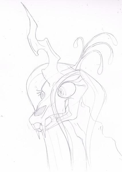 Size: 1479x2081 | Tagged: semi-grimdark, artist:hombre cerdo, queen chrysalis, changeling, changeling queen, /mlp/, 4chan, alternate design, bust, drawthread, fangs, female, horse skull, image, jpeg, monochrome, sketch, skull head, solo, traditional art