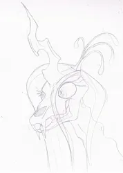 Size: 1479x2081 | Tagged: semi-grimdark, artist:hombre cerdo, queen chrysalis, changeling, changeling queen, /mlp/, 4chan, alternate design, bust, drawthread, fangs, female, horse skull, image, jpeg, monochrome, sketch, skull head, solo, traditional art