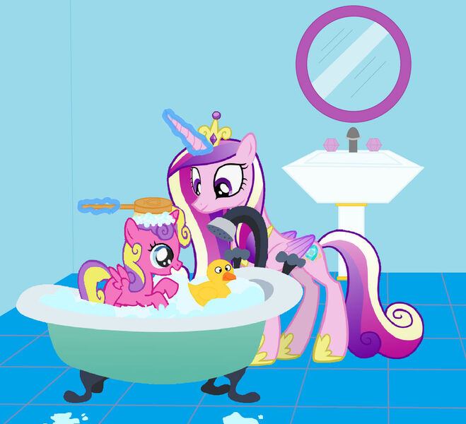 Size: 1024x933 | Tagged: safe, artist:wesleyabram, derpibooru import, princess cadance, princess skyla, alicorn, pony, bath, bath time, bathtub, brush, cute, duo, female, filly, foal, glow, glowing horn, horn, image, jpeg, looking at each other, looking at someone, mare, mirror, mother and child, mother and daughter, open mouth, open smile, parent:princess cadance, rubber duck, scrubbing, sink, smiling, smiling at each other