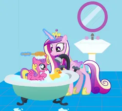 Size: 1024x933 | Tagged: safe, artist:wesleyabram, derpibooru import, princess cadance, princess skyla, alicorn, pony, bath, bath time, bathtub, brush, cute, duo, female, filly, foal, glow, glowing horn, horn, image, jpeg, looking at each other, looking at someone, mare, mirror, mother and child, mother and daughter, open mouth, open smile, parent:princess cadance, rubber duck, scrubbing, sink, smiling, smiling at each other