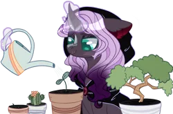 Size: 1280x843 | Tagged: safe, artist:michiharas, derpibooru import, oc, oc:dark omen, pony, unicorn, bonsai, cactus, female, horn, image, magic, mare, png, simple background, solo, transparent background, watering can