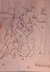 Size: 1836x2627 | Tagged: safe, artist:lullabyjak, derpibooru import, spike, oc, oc:rachel, anthro, pig, canon x oc, forest, image, jpeg, kissing, nature, traditional art, tree, wip sketch