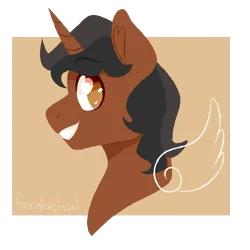 Size: 3000x3000 | Tagged: safe, artist:fannytastical, derpibooru import, oc, oc:dloco, unofficial characters only, alicorn, pony, alicorn oc, black mane, brown coat, colored, eyebrows, eyebrows visible through hair, facing left, grin, horn, image, male, male oc, png, side view, smiling, solo, stallion, stallion oc, wings