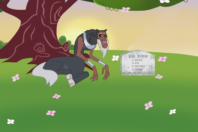 Size: 3000x2000 | Tagged: safe, artist:messy sketch, derpibooru import, lord tirek, scorpan, centaur, black, dead, flower, food, grave, gravestone, gray, green, image, orange, pink, png, red, sad eyes, sad face, sunset, tragedy, tragic, tree, yellow