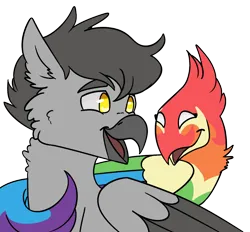 Size: 1000x926 | Tagged: safe, artist:hiddenfaithy, derpibooru import, oc, oc:chroma dust, oc:grey the griffon, unofficial characters only, gryphon, phoenix, commission, image, looking at each other, looking at someone, png, simple background, smiling, smiling at each other, transparent background