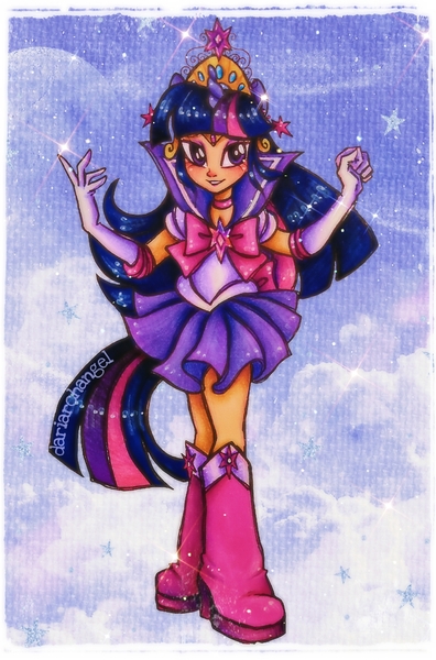 Size: 2072x3136 | Tagged: safe, artist:dariarchangel, derpibooru import, twilight sparkle, human, equestria girls, g4, bangs, big crown thingy, bow, choker, clothes, cloud, crossover, cute, ear piercing, earring, element of magic, female, fist, gloves, high heels, horn, horned humanization, human coloration, humanized, image, jewelry, jpeg, long gloves, long hair, looking at you, miniskirt, piercing, pink shoes, ponied up, purple eyes, purple skirt, regalia, sailor moon (series), sailor senshi, sailor twilight, sailor uniform, shoes, skirt, smiling, smiling at you, sparkles, straight hair, three toned hair, tiara, traditional art, twiabetes, uniform