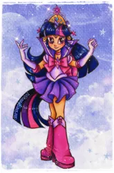 Size: 2072x3136 | Tagged: safe, artist:dariarchangel, derpibooru import, twilight sparkle, human, equestria girls, g4, bangs, big crown thingy, bow, choker, clothes, cloud, crossover, cute, ear piercing, earring, element of magic, female, fist, gloves, high heels, horn, horned humanization, human coloration, humanized, image, jewelry, jpeg, long gloves, long hair, looking at you, miniskirt, piercing, pink shoes, ponied up, purple eyes, purple skirt, regalia, sailor moon (series), sailor senshi, sailor twilight, sailor uniform, shoes, skirt, smiling, smiling at you, sparkles, straight hair, three toned hair, tiara, traditional art, twiabetes, uniform