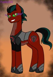 Size: 2264x3276 | Tagged: safe, artist:hayley566, derpibooru import, hitch trailblazer, earth pony, pony, g5, alternate hairstyle, armor, evil grin, grin, hoof shoes, image, jewelry, male, markings, nightmare hitch, nightmarified, png, regalia, smiling, solo, sombra eyes, stallion